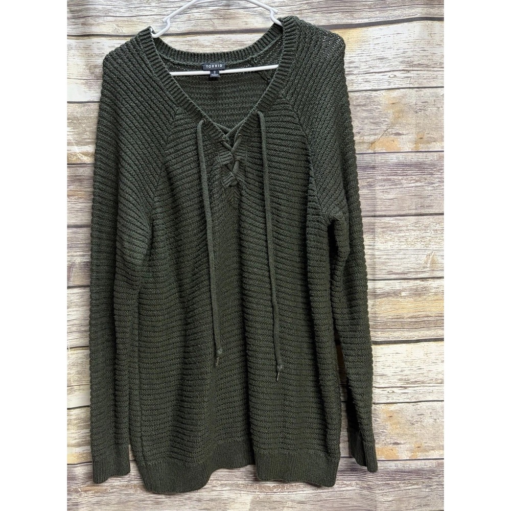 Torrid Women's Plus 2 2XL Olive Green Lace Up Long Sleeve Pullover Sweater